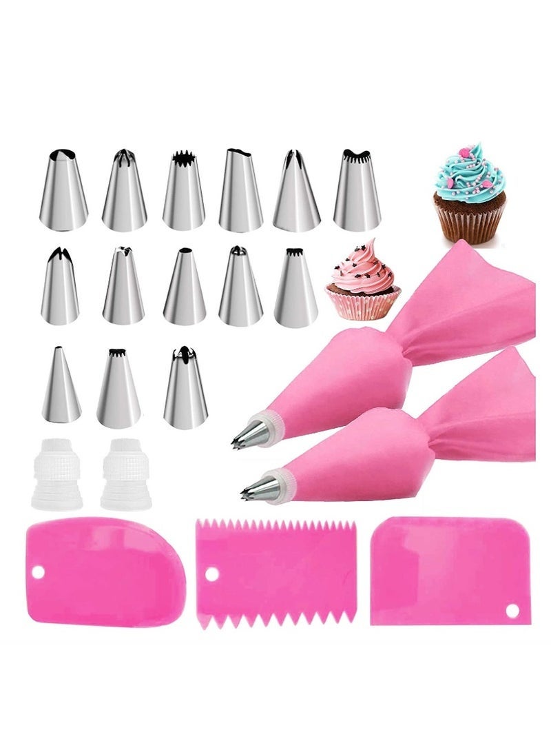 Forest Home 21pcs Baking Decorating Set Pink Silicone Pastry Bags with 14 Stainless Steel Nozzles 2 Couplers 3 Icing Smoothers and Sealing Clip for Cake Decorating Home Use - Image 1