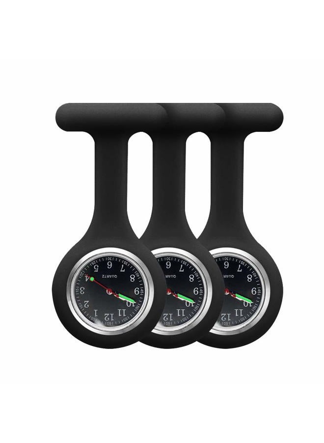 alladaga Set of 3 Nurse Fob Watches, Silicone Doctor Pocket Lapel Clip On Watches Gift (Black Black Black) - Image 1