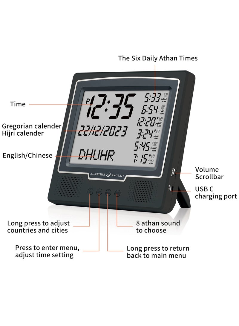 AL-FATIHA Digital LED Azan Wall Clock Muslim Prayer Time Display with Hijri & Gregorian Calendar, 8 Athan Sounds, Multi-Language Adhan Reminder – Black - Image 1