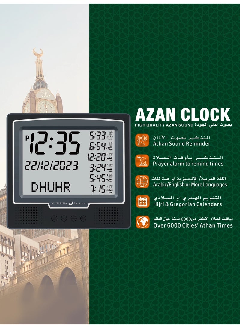 AL-FATIHA Digital LED Azan Wall Clock Muslim Prayer Time Display with Hijri & Gregorian Calendar, 8 Athan Sounds, Multi-Language Adhan Reminder – Black - Image 4