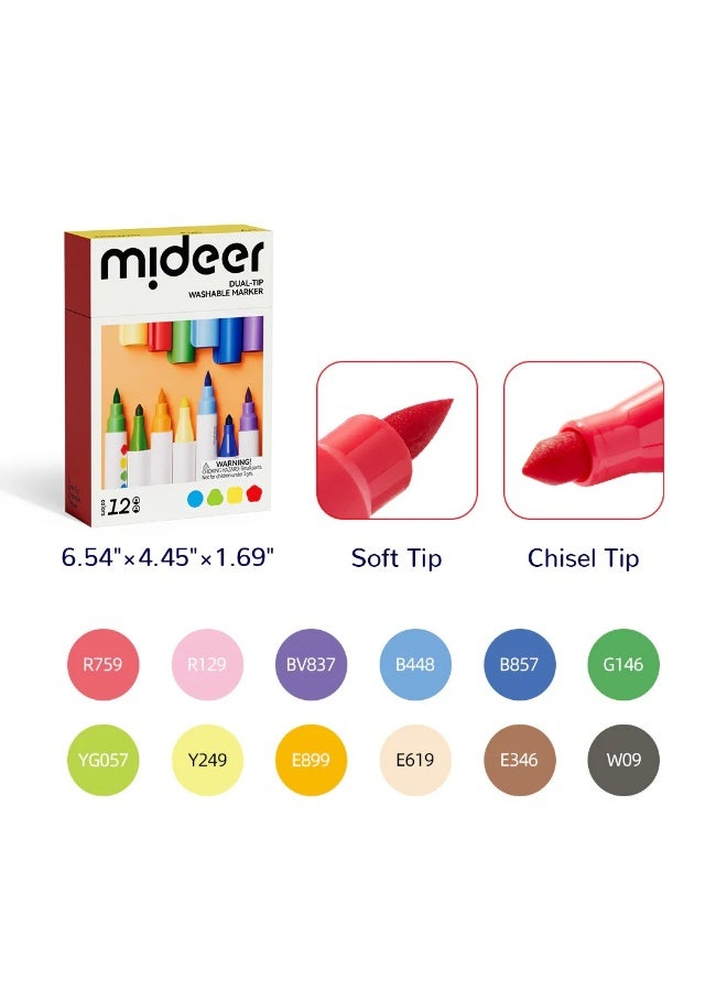 MiDeer Dual Tip Washable Markers 12 Colors – Kids Coloring Marker Set with Fine & Broad Tips, Water Based Non Toxic Drawing Pens for Preschool Art Projects & School Supplies Age 3+ - Image 1