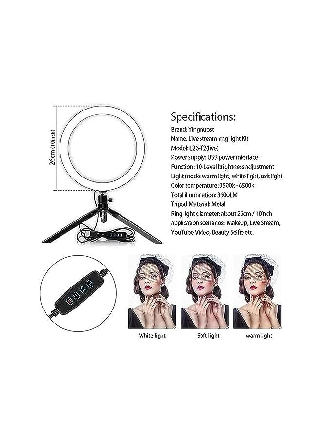 Arabest - 10 Inch Led Ring Light With Tripod Stand Desk Makeup Selfie Ring Light With Dimmable 3 Light Modes And 10 Brightness Level For Makeup Selfie Live Streaming Youtube Video Shooting - Image 1