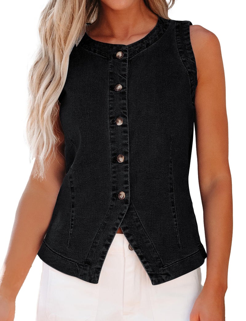 luvamia Denim Vest for Women Sleeveless Strechy Jean Vest Top Western Button Down Crewneck Casual Summer Country Concert Outfits for Women Waistcoat Vintage Black Large US Size 12 Size 14 - Image 1