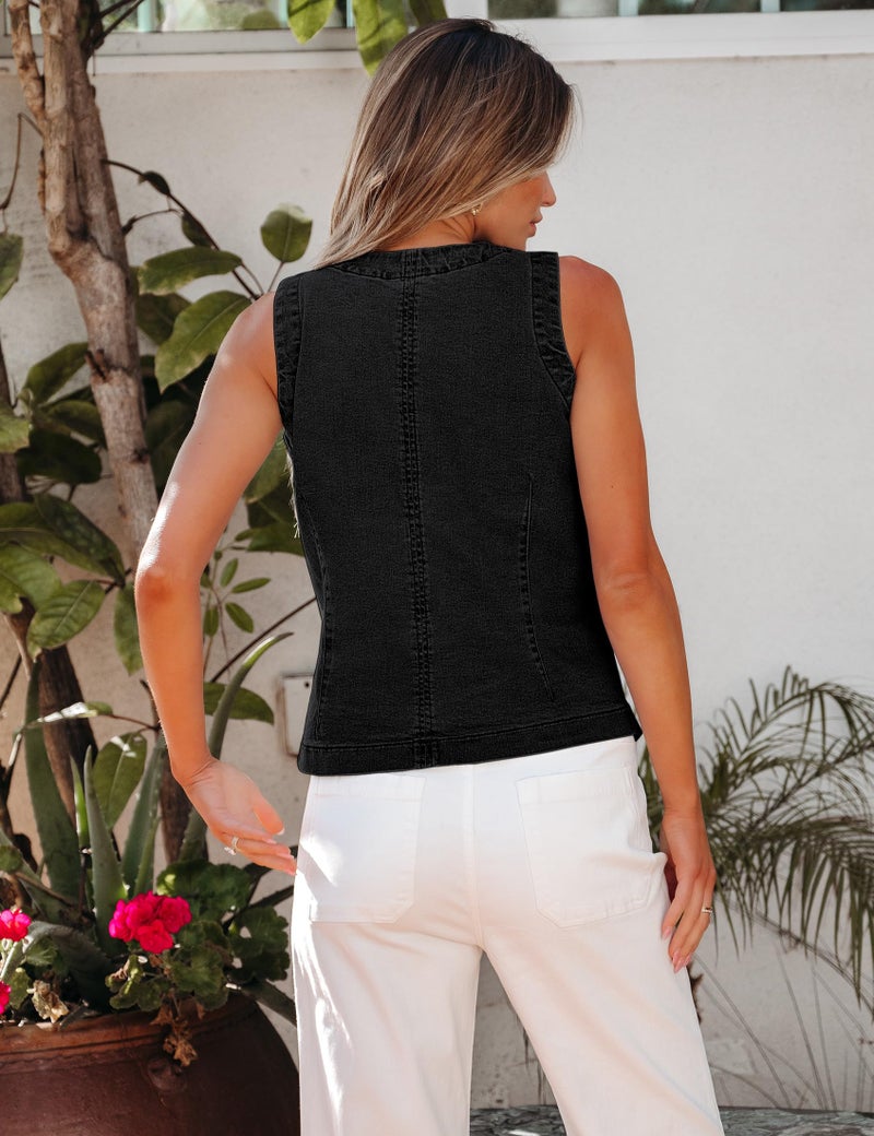luvamia Denim Vest for Women Sleeveless Strechy Jean Vest Top Western Button Down Crewneck Casual Summer Country Concert Outfits for Women Waistcoat Vintage Black Large US Size 12 Size 14 - Image 3