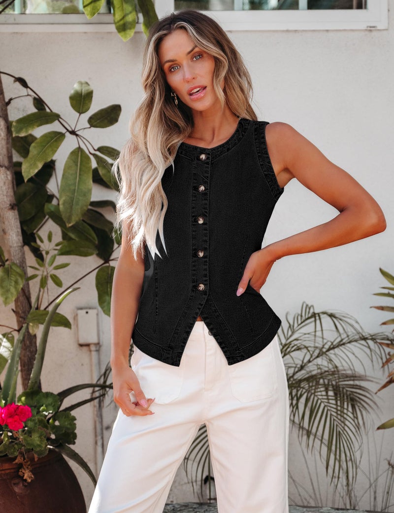 luvamia Denim Vest for Women Sleeveless Strechy Jean Vest Top Western Button Down Crewneck Casual Summer Country Concert Outfits for Women Waistcoat Vintage Black Large US Size 12 Size 14 - Image 2