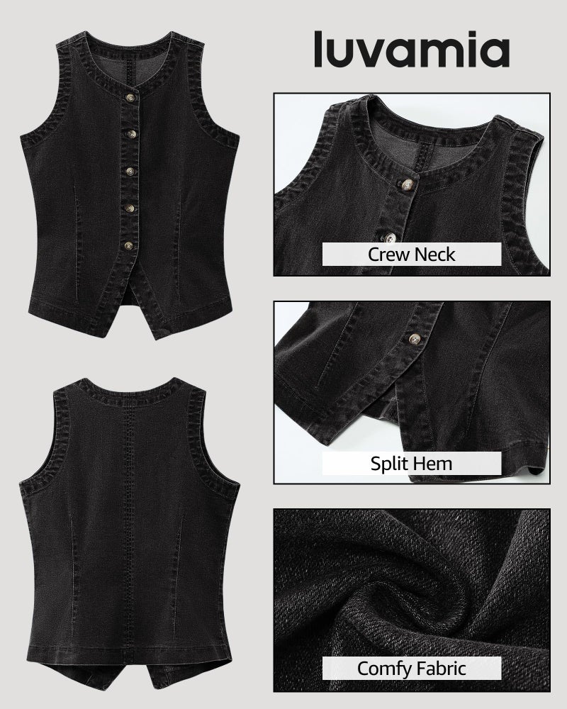 luvamia Denim Vest for Women Sleeveless Strechy Jean Vest Top Western Button Down Crewneck Casual Summer Country Concert Outfits for Women Waistcoat Vintage Black Large US Size 12 Size 14 - Image 5