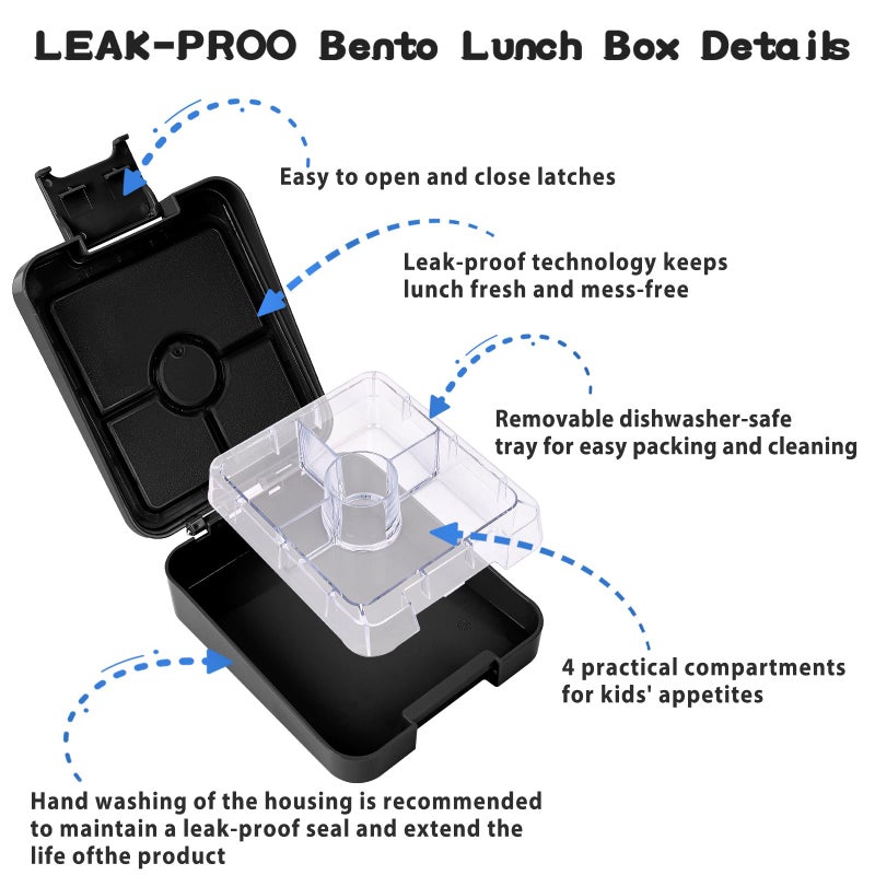Howeemo Bento Lunch Box Set for Kids with 10oz Soup Thermo, Leak-Proof Lunch Containers with 4 Compartment, Kids Thermo Hot Food Jar and Insulated Lunch Bag for Kid to School,BPA-Free(Black) - Image 5