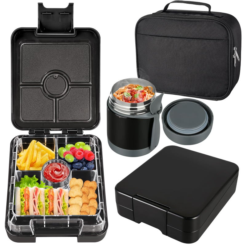 Howeemo Bento Lunch Box Set for Kids with 10oz Soup Thermo, Leak-Proof Lunch Containers with 4 Compartment, Kids Thermo Hot Food Jar and Insulated Lunch Bag for Kid to School,BPA-Free(Black) - Image 1
