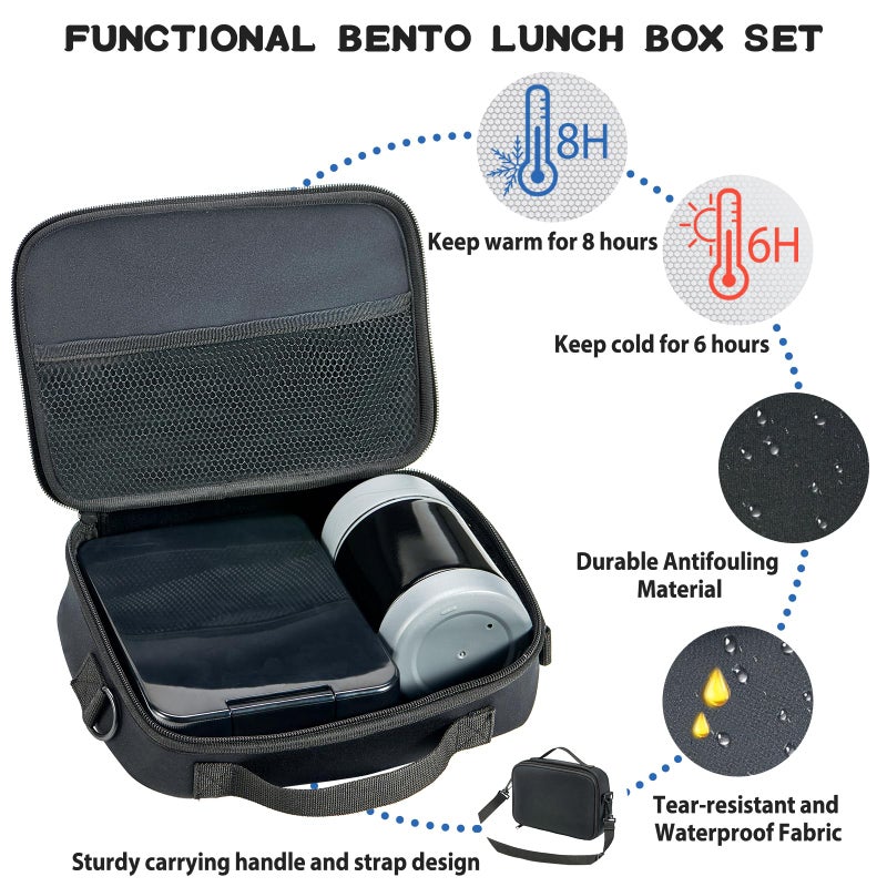 Howeemo Bento Lunch Box Set for Kids with 10oz Soup Thermo, Leak-Proof Lunch Containers with 4 Compartment, Kids Thermo Hot Food Jar and Insulated Lunch Bag for Kid to School,BPA-Free(Black) - Image 2