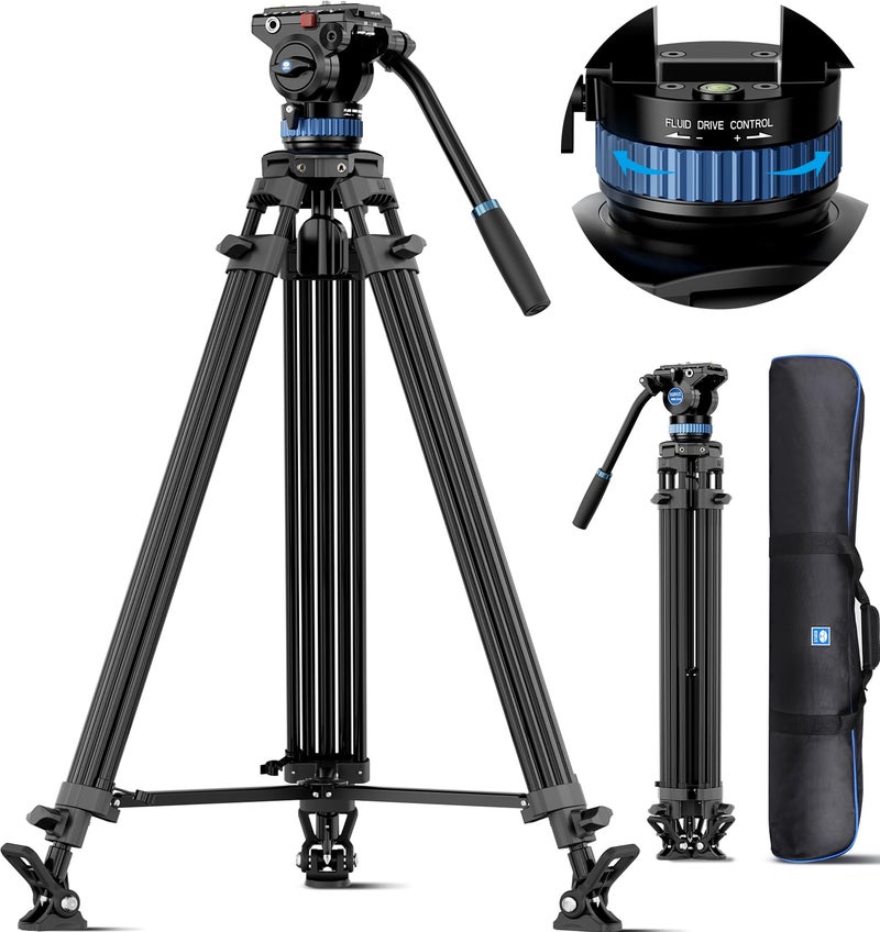 SIRUI AM-25S Video Tripod, 74.8" Professional Heavy Duty Tripod with Adjustable Damping Fluid Head for Camcorder, Cameras, DSLR, 360Â° Pan & +90Â°/-75Â° Tilt, Quick Release Plate, Max Load 22.0lb - Image 1