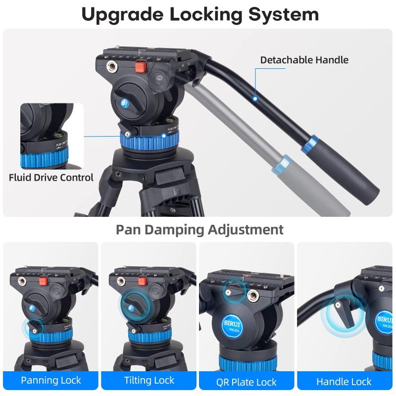 SIRUI AM-25S Video Tripod, 74.8" Professional Heavy Duty Tripod with Adjustable Damping Fluid Head for Camcorder, Cameras, DSLR, 360Â° Pan & +90Â°/-75Â° Tilt, Quick Release Plate, Max Load 22.0lb - Image 5