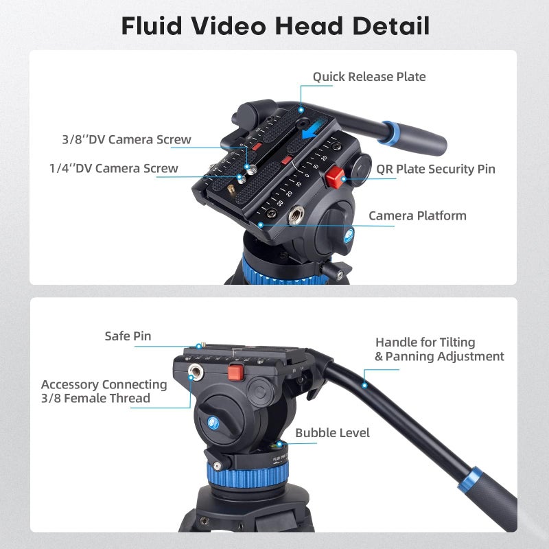 SIRUI AM-25S Video Tripod, 74.8" Professional Heavy Duty Tripod with Adjustable Damping Fluid Head for Camcorder, Cameras, DSLR, 360Â° Pan & +90Â°/-75Â° Tilt, Quick Release Plate, Max Load 22.0lb - Image 3