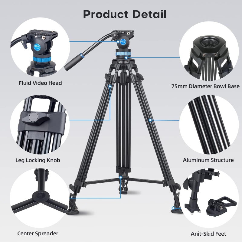 SIRUI AM-25S Video Tripod, 74.8" Professional Heavy Duty Tripod with Adjustable Damping Fluid Head for Camcorder, Cameras, DSLR, 360Â° Pan & +90Â°/-75Â° Tilt, Quick Release Plate, Max Load 22.0lb - Image 2