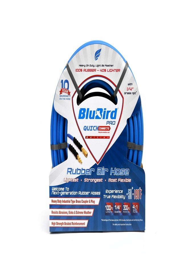 بلوبيرد خرطوم هواء مطاطي مرن وقوي من BluBird BB14100QC، أخف وزنًا وأقوى، مقاس 1/4 بوصة × 100 قدم، مزود بمقبس توصيل سريع I/M - ضغط 300 رطل/بوصة مربعة - مقاوم للزيوت والأشعة فوق البنفسجية في الطقس البارد - أطراف نحاسية - Image 1