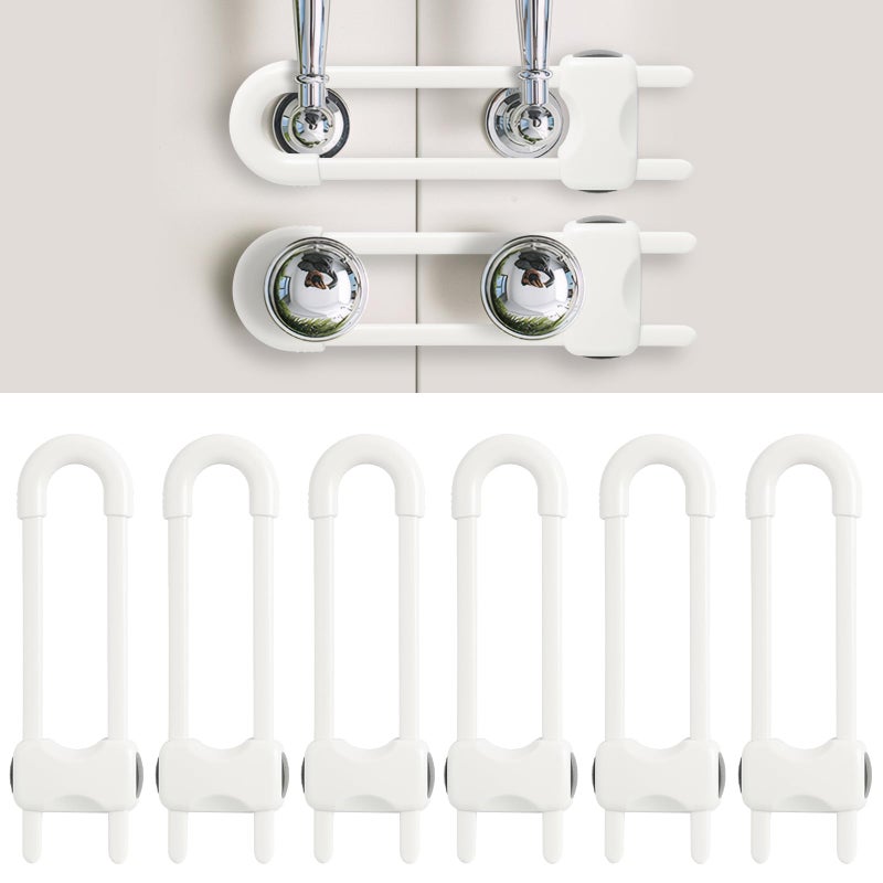Reaeon Baby Proofing Cabinets Sliding Cabinet Locks for Babies Adjustable U Shaped Baby Safety Locks Childproof Cabinet Latch for Kitchen Bathroom Drawer Cupboard Doors Knobs Handles 6 Pack White
