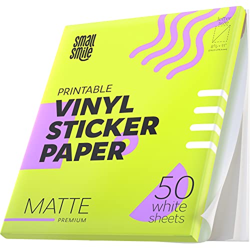 SMALL SMILE Premium Printable Vinyl Sticker Paper for Inkjet Printer and Laser - 50 White Matte Sticker Paper Waterproof - Durability Adhesive Paper 8.5 x 11, Fast Dry, Holds Ink Well, Great for Cutting Machines - Image 1