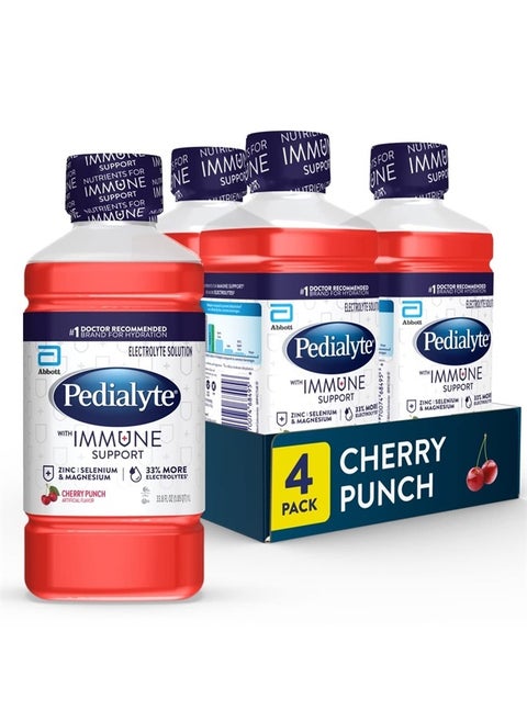 Pedialyte with Immune Support, Cherry Punch, Electrolyte Hydration Drink with Zinc, Selenium, and Magnesium, 33.8 Fl Oz (Pack of 4)