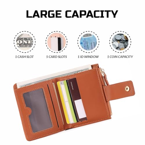 Elios Bifold Women's Wallet Vegan Leather Small Card Holder Coin Holder Compact Ladies Purse with Multiple Card Slots, Zipper Pocket and RFID Blocking | Snap Closure | Mini Purse for Women (Brown) - Image 5