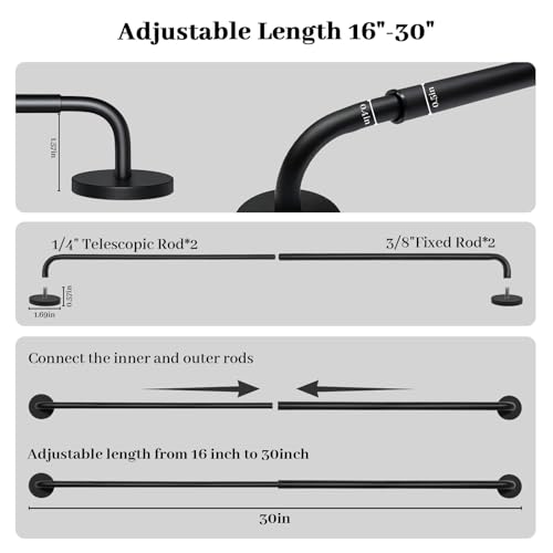 Eclatbox 2 Pack Magnetic Curtain Rod for Metal Door, Adjustable 16 to 30 Inch, 1/2 Inch Diameter, French Door Magnetic Curtain Rods with Hooks (Black) - Image 2