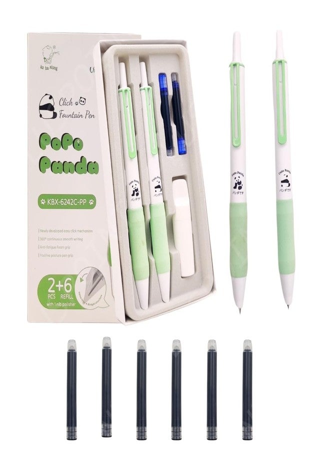 PLUSPOINT Panda Fountain Pen for Students,Iridium Tip Nib Refillable Click Fountain Pen Set (2 Pcs) with 6 Ink Refills,Kawaii Stationery Gift for Kids,Perfect for Office & School Use (Panda),Blue - Image 1