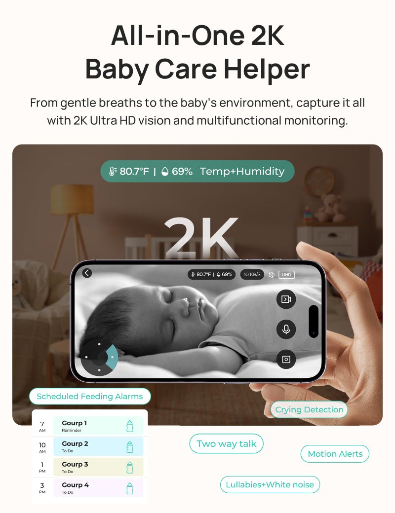 Dr. Care Dr.Care LumiView Plus Smart WiFi Baby Monitor - 5.5" 1080P Split Screen & 2K Camera, Privacy Mode, Cry & Motion Alerts, 5000mAh Removable Battery, RGB Night Light, HD Night Vision, App Control, 1279ft - Image 2