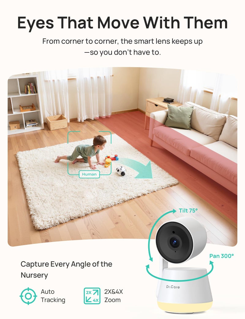 Dr. Care Dr.Care LumiView Plus Smart WiFi Baby Monitor - 5.5" 1080P Split Screen & 2K Camera, Privacy Mode, Cry & Motion Alerts, 5000mAh Removable Battery, RGB Night Light, HD Night Vision, App Control, 1279ft - Image 5