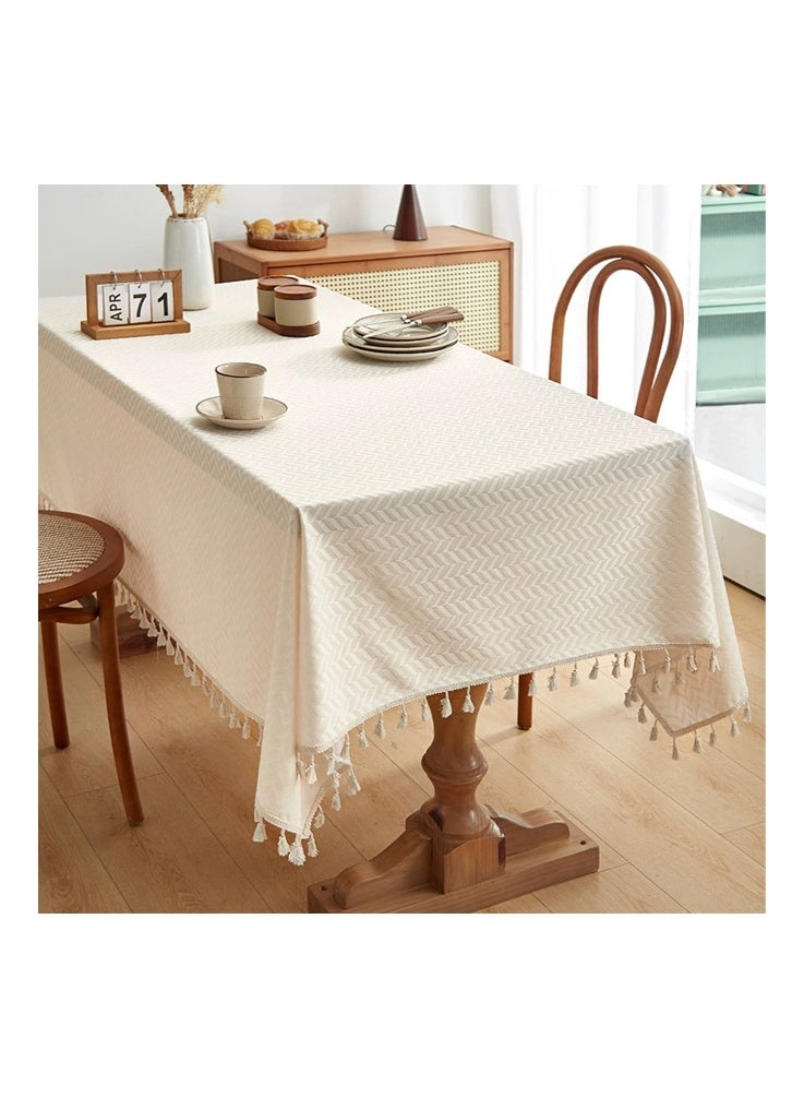 Bohemian Tassel Tablecloth Woven Pattern Table Cover for Dining Room Kitchen Ramadan Home Decor 140x180cm, Beige - Image 1