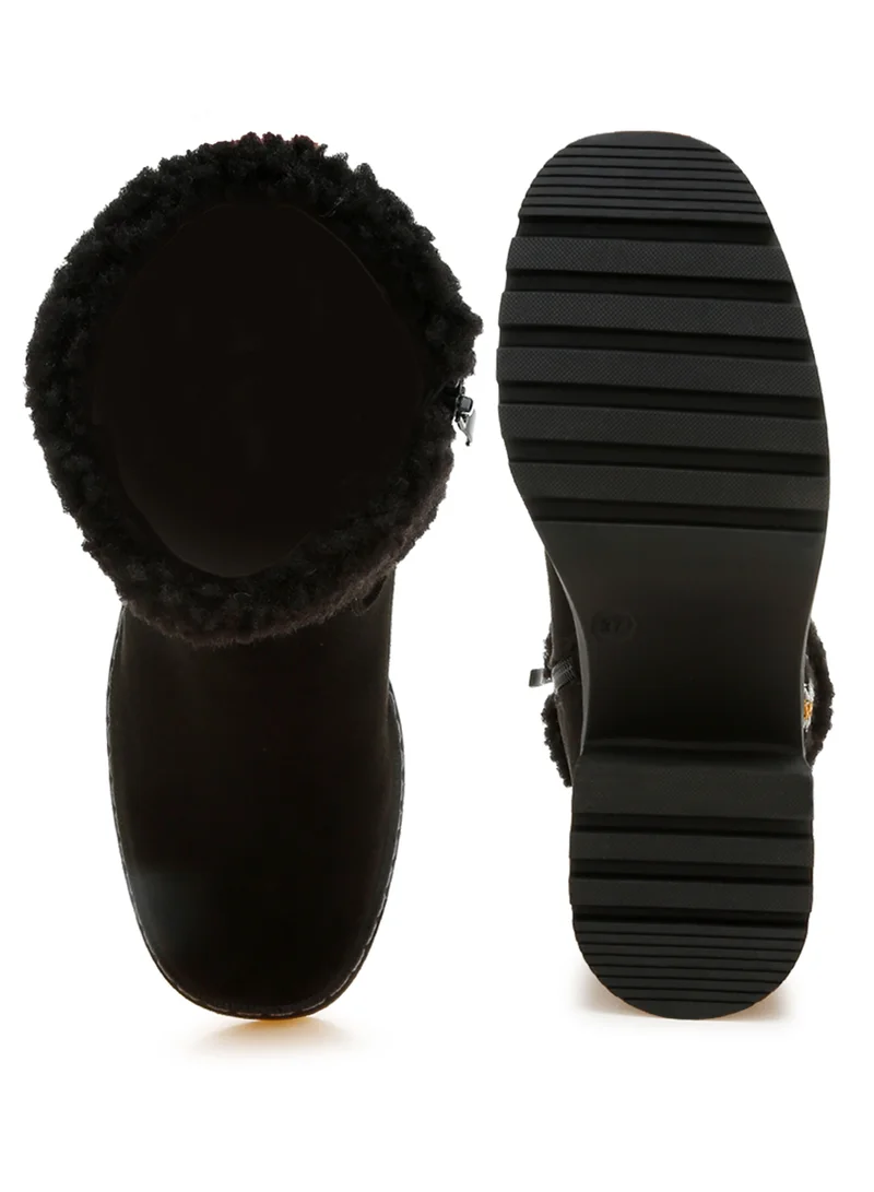 London Rag Faux Fur & Embroidery Detail Boots in Black