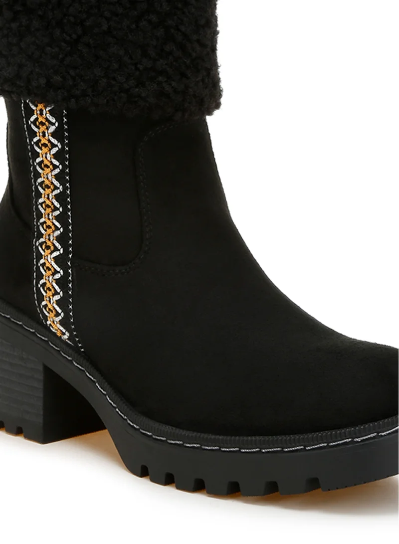 London Rag Faux Fur & Embroidery Detail Boots in Black