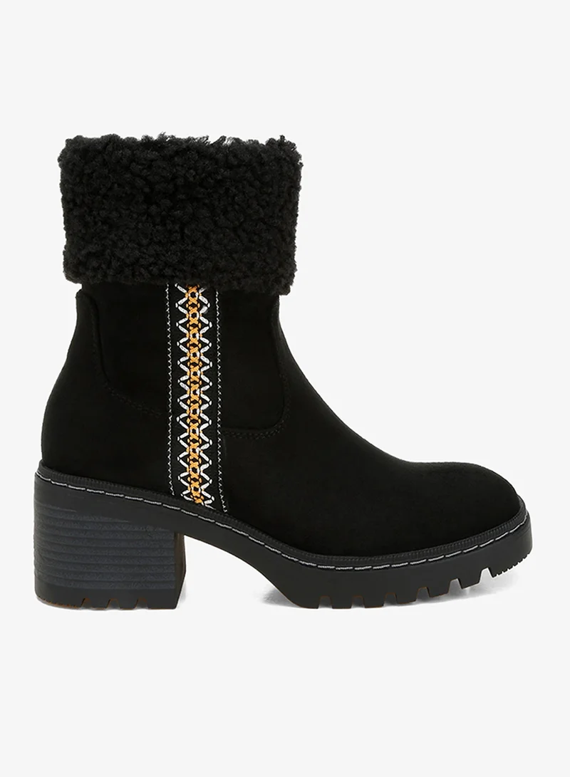 Faux Fur & Embroidery Detail Boots in Black