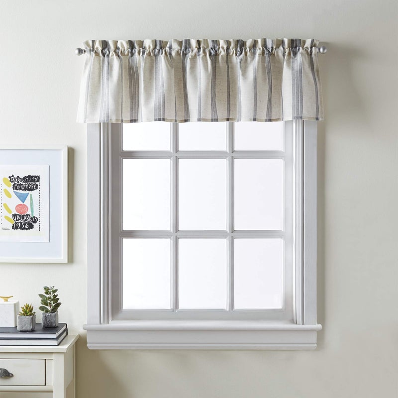 CHF McKenzie Striped Window Kitchen Curtain Valance Rod Pocket 58W x 14L inch Grey