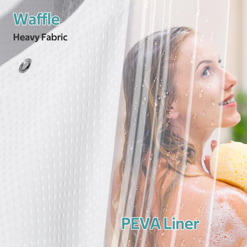 Vipfree 3 in 1 Shower Curtain Set  Waffle Shower Curtain and Liner Set with 12 Double Sided Shower Curtain Hooks  258GSM Luxury Weighted Cloth Shower Curtains for Bathroom  72 W x 72 H  White - Image 3