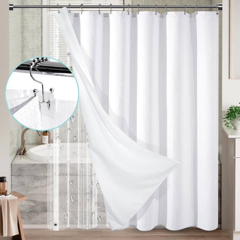 Vipfree 3 in 1 Shower Curtain Set  Waffle Shower Curtain and Liner Set with 12 Double Sided Shower Curtain Hooks  258GSM Luxury Weighted Cloth Shower Curtains for Bathroom  72 W x 72 H  White - Image 1