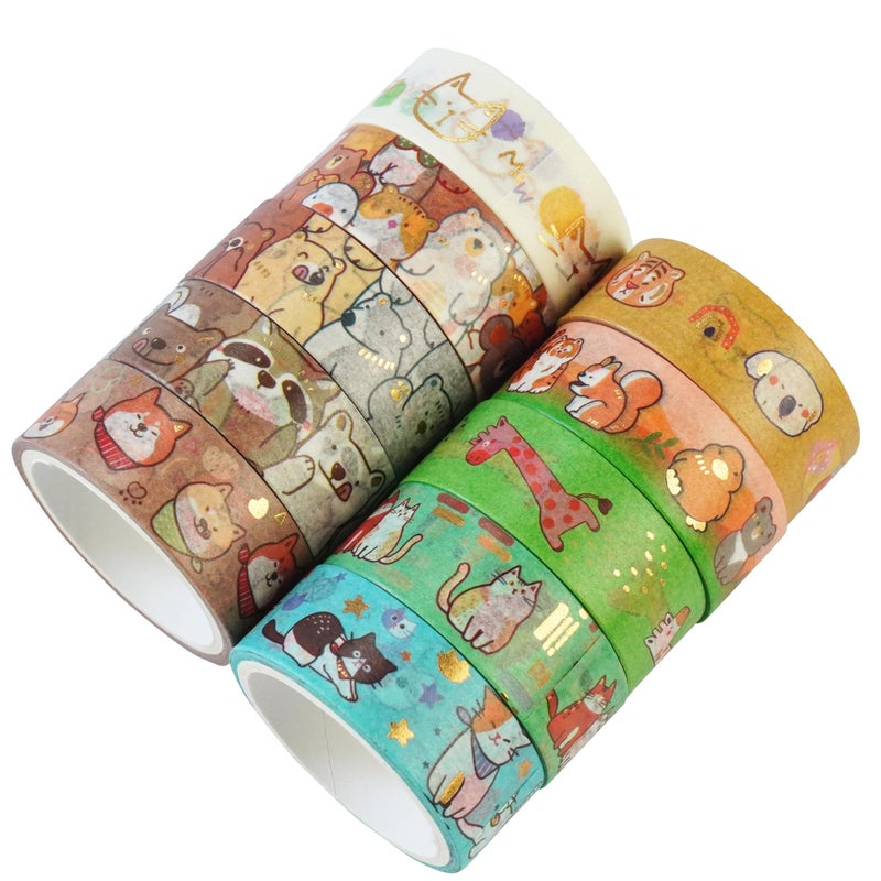 YUBBAEX 20 Rolls Cute Animals Washi Tape Set Gold Silver Foil Masking Cartoon Pets Decorative Tapes - Image 2