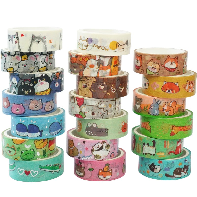 YUBBAEX 20 Rolls Cute Animals Washi Tape Set Gold Silver Foil Masking Cartoon Pets Decorative Tapes - Image 1