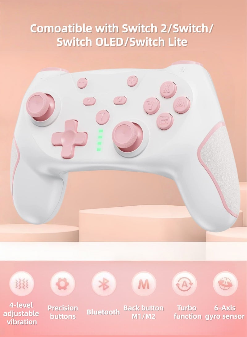 CoolRabbie Wireless Gaming Controller for Nintendo Switch 2/Switch/Switch Lite/Switch OLED/PC/Steam Deck/iOS/Android, Wireless Switch Pro Controller with 2 back buttons, Hall Effect Joystick Gamepad,3-level TURBO adjustable(White&Pink) - Image 2