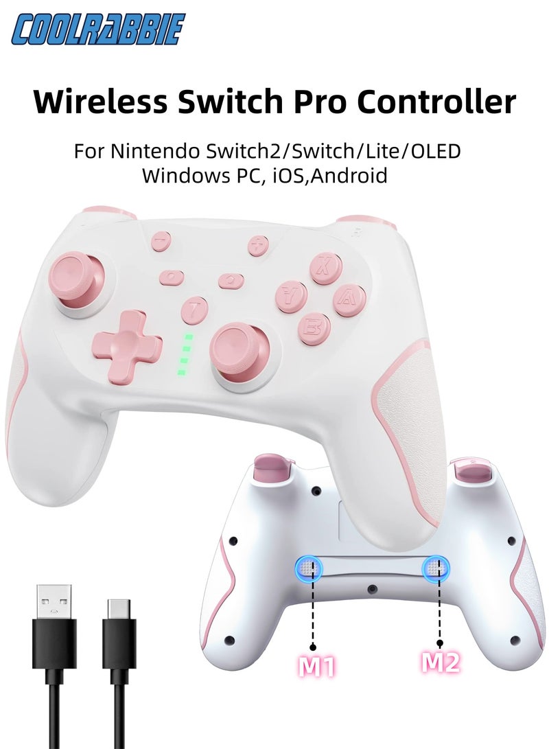CoolRabbie Wireless Gaming Controller for Nintendo Switch 2/Switch/Switch Lite/Switch OLED/PC/Steam Deck/iOS/Android, Wireless Switch Pro Controller with 2 back buttons, Hall Effect Joystick Gamepad,3-level TURBO adjustable(White&Pink) - Image 1
