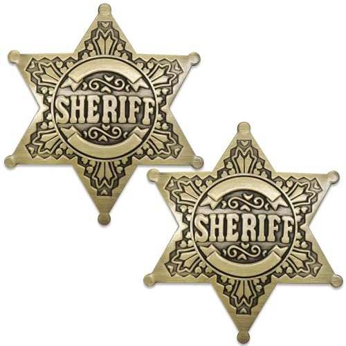 Huwane Sheriff Badge 2 Packs Metal Police Badges Pin Old West Prop Western Cop Star Badge for Kids boys Girls Party Adult Brass Color - Image 1