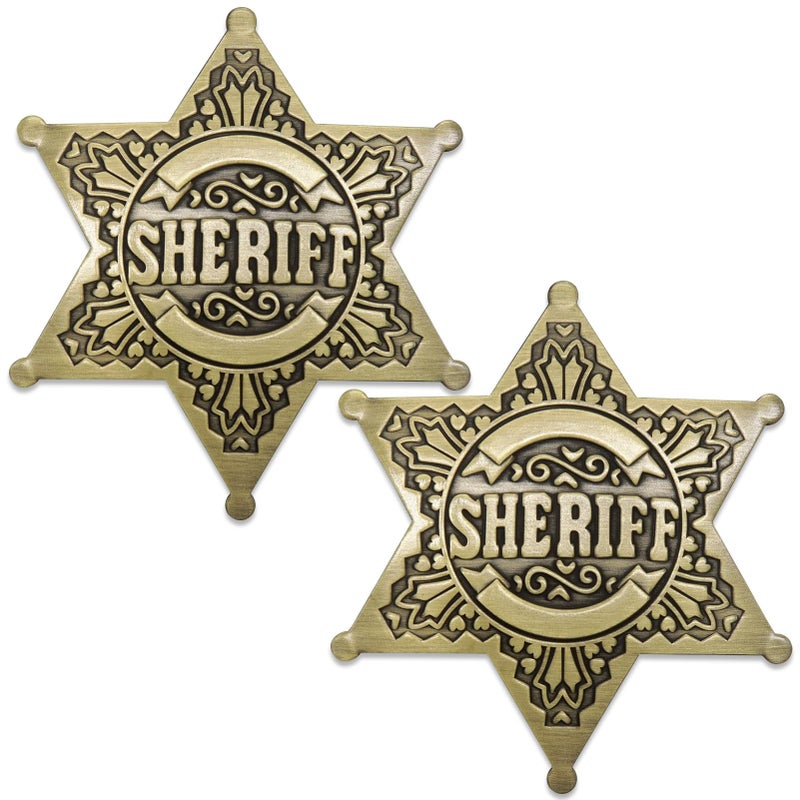 Huwane Sheriff Badge 2 Packs Metal Police Badges Pin Old West Prop Western Cop Star Badge for Kids boys Girls Party Adult Brass Color - Image 2