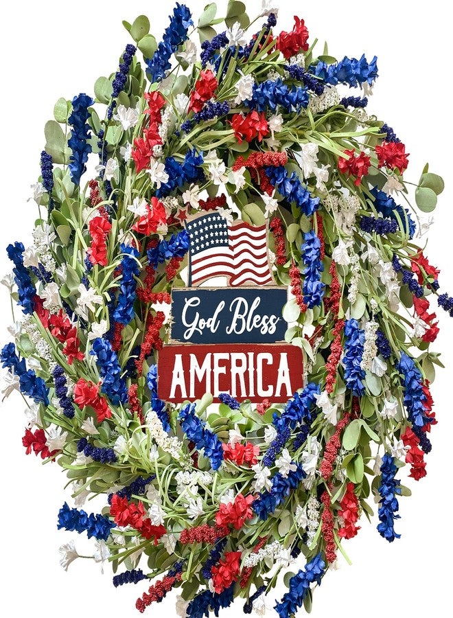 Bibelot 4th of July Independence Day Red White Blue Flower Wreaths, 20" Artificial Flower Wreath with God Bless America Sign Decoration for Front Door, Memorial Day Wreath for Wall Window Party Decor - Image 1
