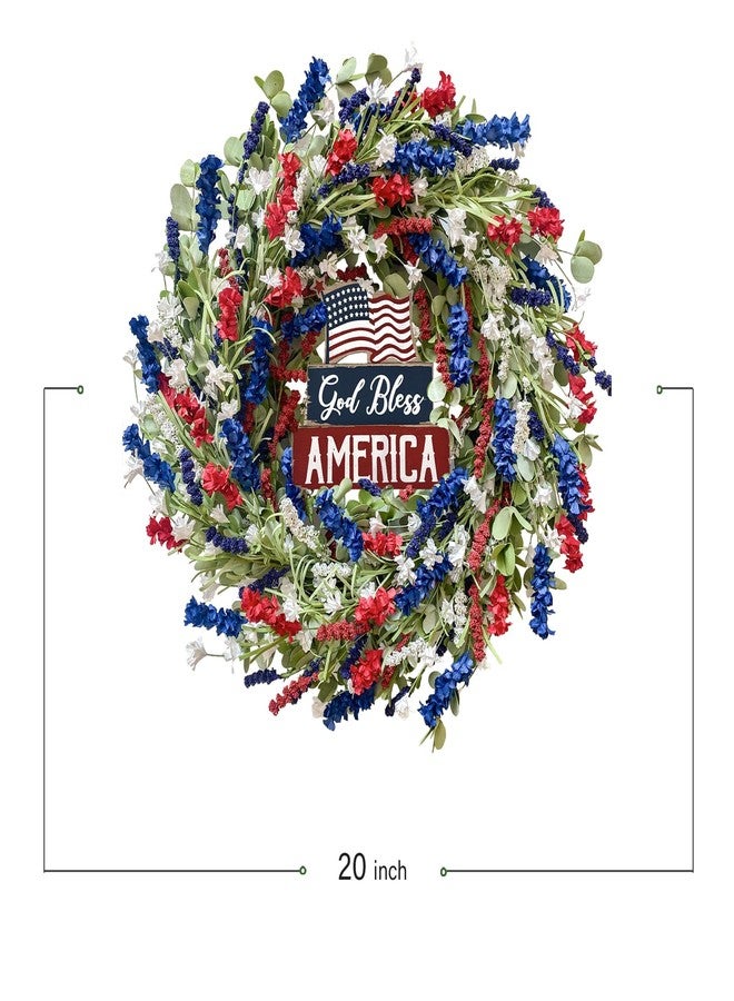 Bibelot 4th of July Independence Day Red White Blue Flower Wreaths, 20" Artificial Flower Wreath with God Bless America Sign Decoration for Front Door, Memorial Day Wreath for Wall Window Party Decor - Image 3