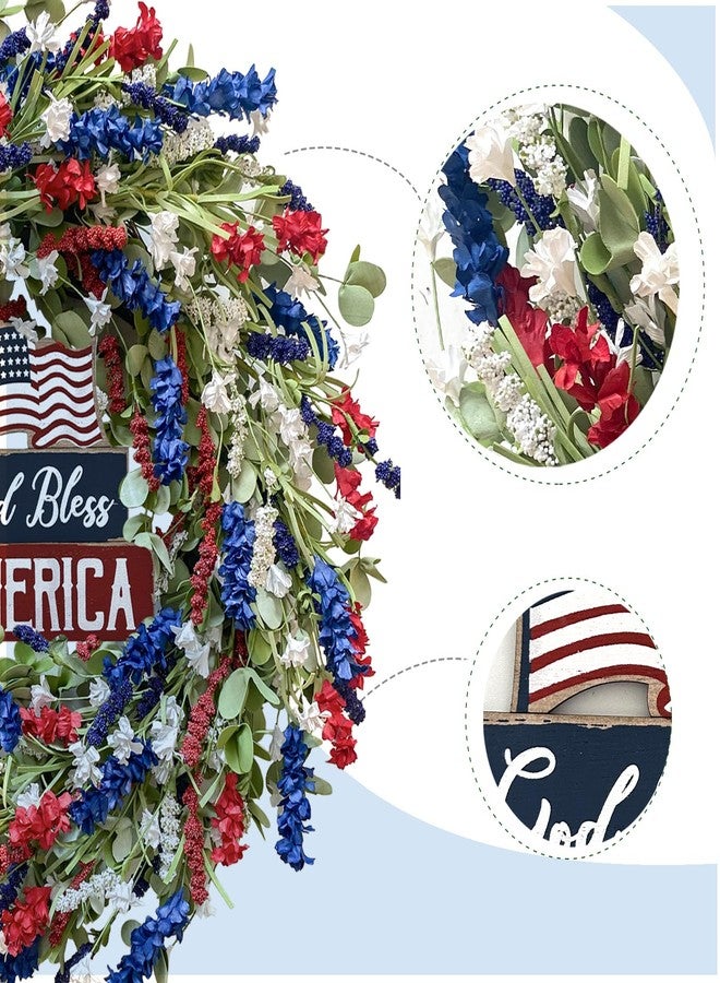 Bibelot 4th of July Independence Day Red White Blue Flower Wreaths, 20" Artificial Flower Wreath with God Bless America Sign Decoration for Front Door, Memorial Day Wreath for Wall Window Party Decor - Image 2