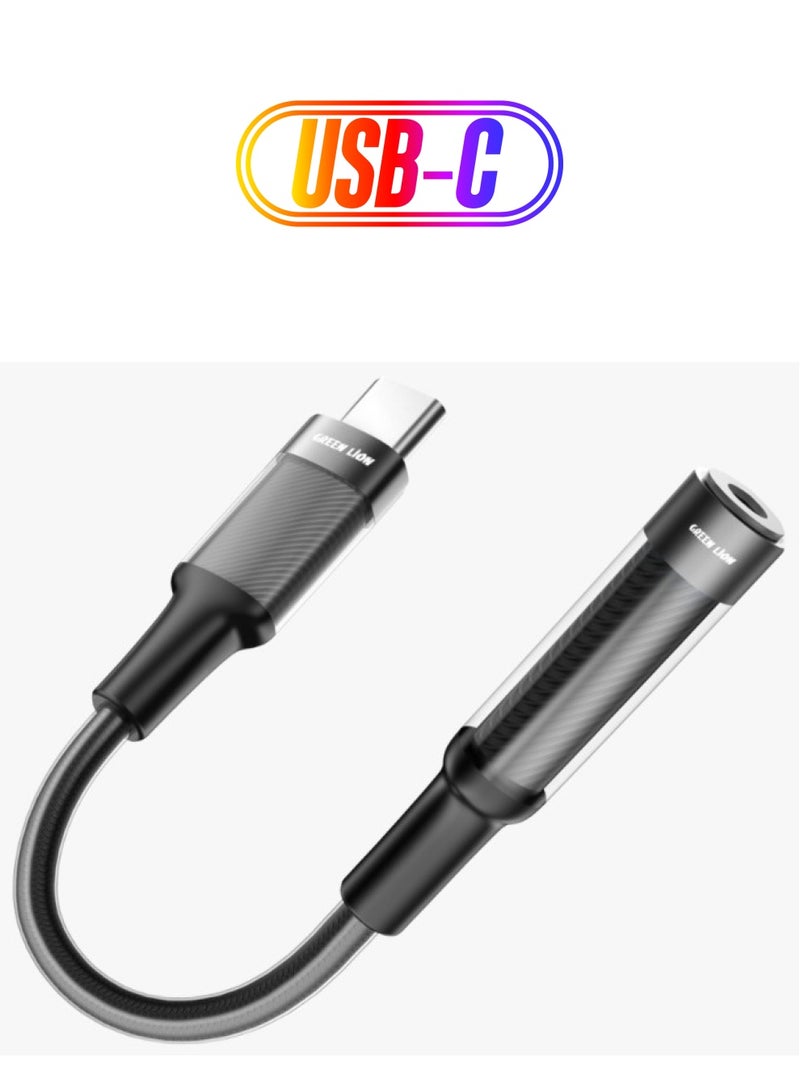GREEN LION Earphone Adapter USB-C to 3.5 Audio Jack / Transparent Braided Build / 12cm Length / Stable Signal / Durable Material / Secure & Safe / 10000 Bends Life Span / Premium Quality / Flexible & Portable / Wide Combability - Black - Image 2