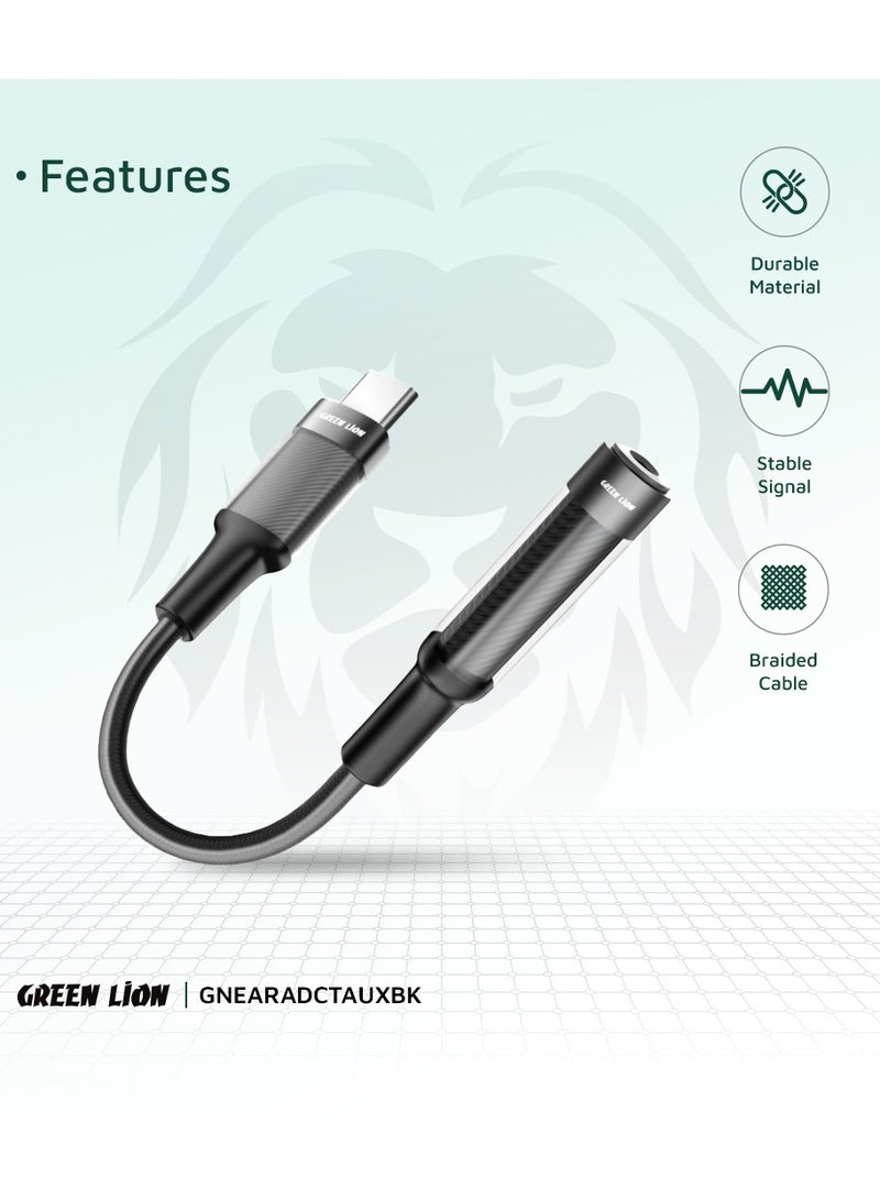 GREEN LION Earphone Adapter USB-C to 3.5 Audio Jack / Transparent Braided Build / 12cm Length / Stable Signal / Durable Material / Secure & Safe / 10000 Bends Life Span / Premium Quality / Flexible & Portable / Wide Combability - Black - Image 1