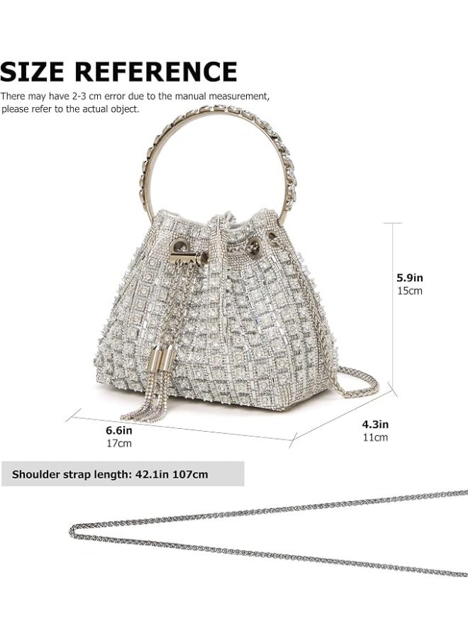Sparkling Silver Luxury Women Handbag Elegant Diamond Evening Bucket Bag with Chain Fashion Rhinestone Purse Glitter Crossbody Bags for Ladies for Evening Party for Wedding - Image 4