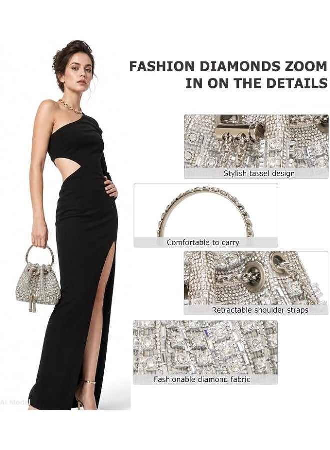Sparkling Silver Luxury Women Handbag Elegant Diamond Evening Bucket Bag with Chain Fashion Rhinestone Purse Glitter Crossbody Bags for Ladies for Evening Party for Wedding - Image 3
