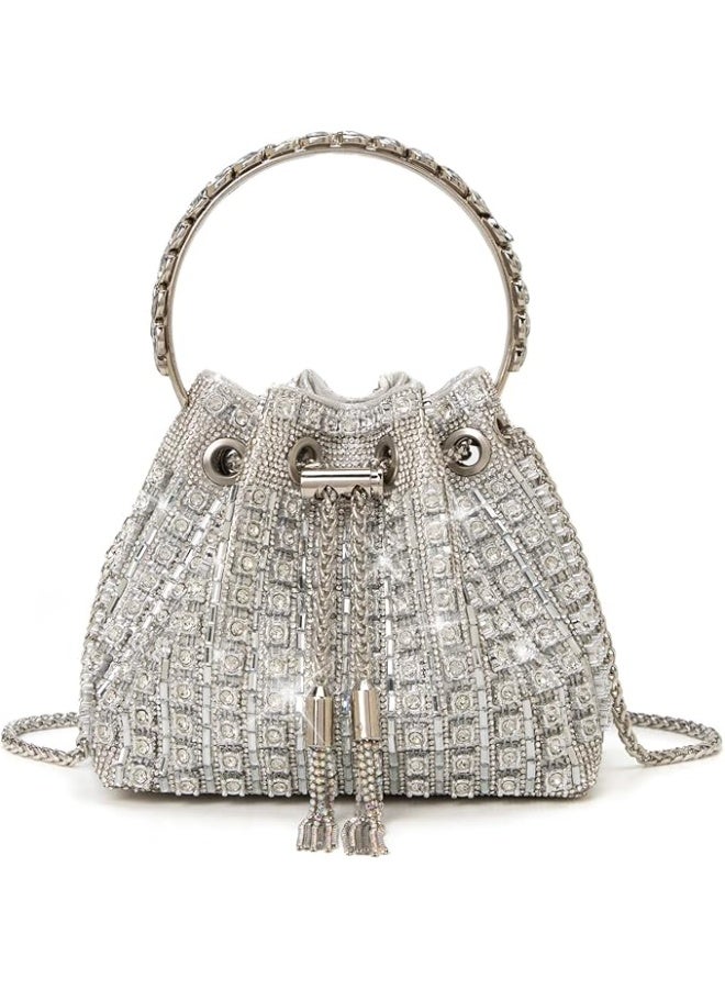 Sparkling Silver Luxury Women Handbag Elegant Diamond Evening Bucket Bag with Chain Fashion Rhinestone Purse Glitter Crossbody Bags for Ladies for Evening Party for Wedding - Image 1