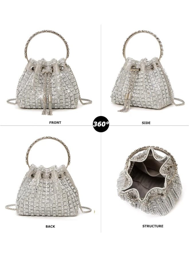 Sparkling Silver Luxury Women Handbag Elegant Diamond Evening Bucket Bag with Chain Fashion Rhinestone Purse Glitter Crossbody Bags for Ladies for Evening Party for Wedding - Image 2