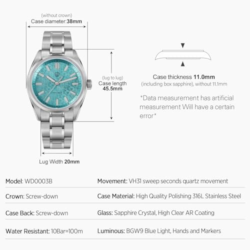 watchdives WD0003 Original Design Aventurine Men Watch VH31 Sweep Second Quartz Watch 36mm Sapphire Crystal Luxury Wristwatch 100m Waterproof Aqua Blue - Image 3