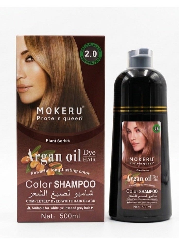 Mokeru Professional Argan Oil Dye Hair Color Shampoo Natural Black 500ml(2.0) - Image 1
